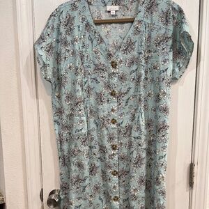 J Jill Love Linen Blue Floral Button Front Short Sleeve Size Large